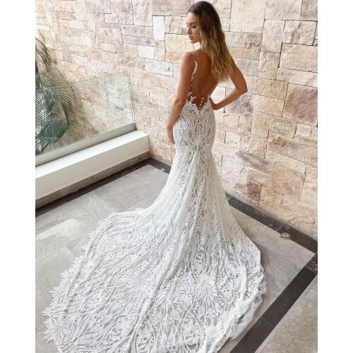 Sexy Backless Mermaid Wedding Dress White Appliques Lace Bridal Wedding Gowns Luxury V Neck Wedding Dresses Vestido De Novia