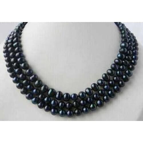 3Strands 8mm Black Round Freshwater Pearl Necklace