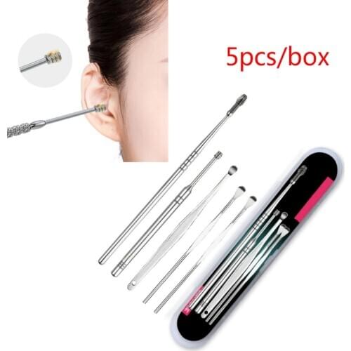 5Pcs/set Ear Wax Pickers Stainless Steel Earpick Wax Remover Curette Ear Pick Cleaner Ear Cleaner Spoon Care Ear Clean Tool