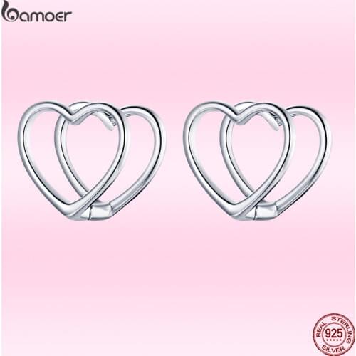 Bamoer Summer Pop Simple Double Heart Earrings Real 925 Sterling Silver Earrings for Women Fashion Birthday Party Jewelry GAE501