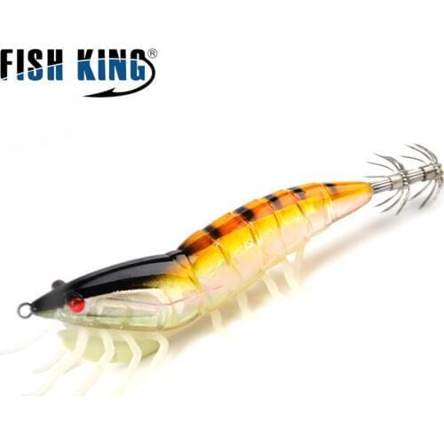 FISH KING 3.0/3.5 Luminous Fishing Lure Wood Shrimp Squid Hook Jigs 15/20g Artificial Baits Soft Squid Lure Fishing Tackle
