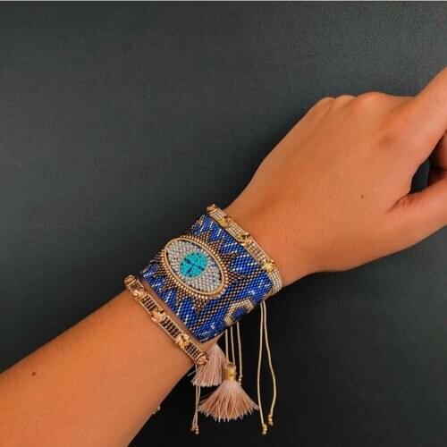 BLUESTAR 2021 Wide Turkish Evil Eye Bracelet Women MIYUKI Armband Chic Crystal Handmade Tassel Woven Jewelry