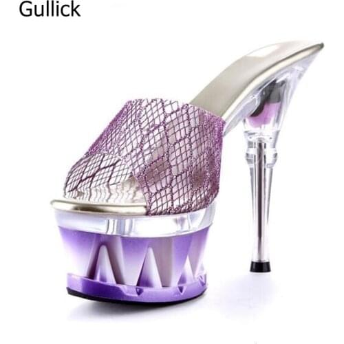 Hot Sale 2018 Summer Fashion Romantic Purple Transparent Platform Heels Cool Sandals Nice mesh Spike Heel Luxury girls Slippers