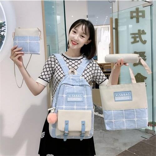 4Pcs/Set Canvas Backpacks Women School Bags for Teenage Girls Laptop Bookbags Plaid Travel Ladies Waterproof Rucksack