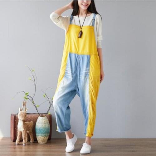 Women Denim Suspender Jumpsuits Hit Color Stripe Casual Bib Pants Playsuits Outfits Women Streetwear