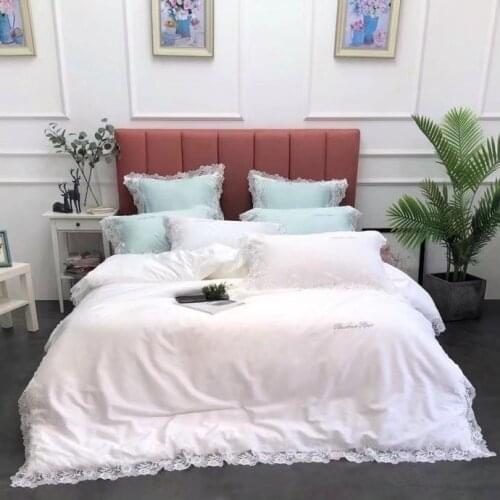 Luxury White Lace Satin Embroidery Egyptian Cotton Duvet Cover Bed Linen Fitted Sheet Pillowcases Bedclothes Home Textiles