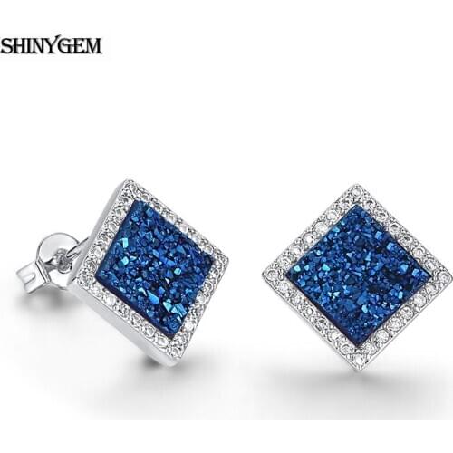 ShinyGem Square Shape Natural Sparkling Crystal Druzy Stud Earrings Micro Inlay Rhinestone Zircon Stone Earrings For Women Gift