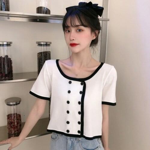 Summer Women Short Sleeve O Neck Tee Shirts Slim Expose Navel Knitted Tops T-Shirts with Buttons