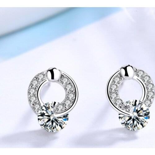 Cute Female Small Round Stone Earrings Crystal 925 Sterling Silver Earrings For Women Vintage Wedding Jewelry Stud Earrings