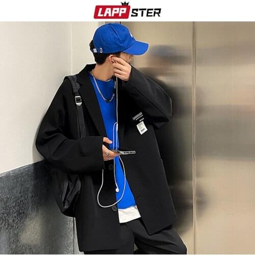 LAPPSTER Men Casual Black Oversized Blazers 2021 Mens Japanese Streetwear Hip Hop Suit Jackets Man Vintage Korean Fashion Blazer