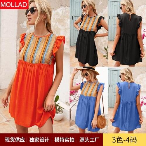 2021 New Foreign Trade Womens Clothing Summer European and American National Style round Neck Loose Wooden Ear Sleeve Dress