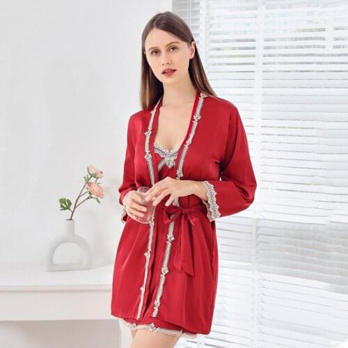 Sexy Nighty&Robe Set 2PCS Bathrobe Gown Faux Silk Sleepwear Women Lace Kimono Soft Intimate Lingerie Nightdress Homewear