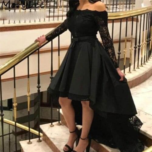 Prom Dresses Black Long Sleeves A-Line Satin Lace Applique Bow Sash Prom Dresses With Zipper Back vestidos de fiesta de noche