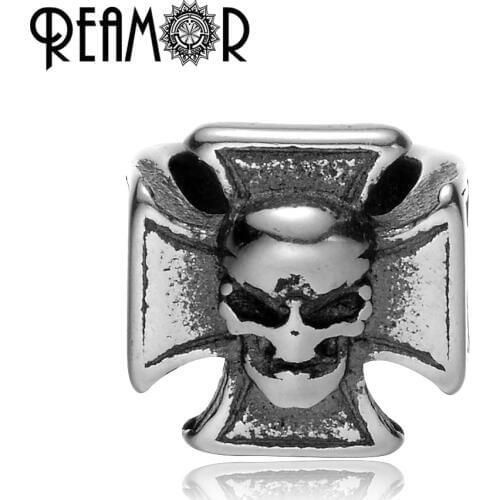 REAMOR High Quality 316L Stainless steel Cross Skull Head Beads 8mm Big Hole Charm Beads For Jewelry Making Men Bracelets DIY
