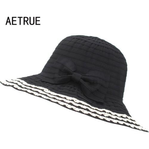 AETRUE Sun Hats for Women Fashion Big Brim Female Beach Summer Hats Girls Foldable Ladies Panama Brimmed Straw Women Sun Cap Hat