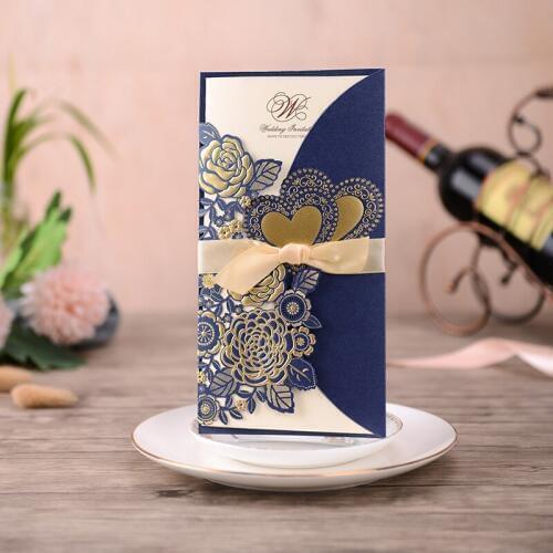Blue Laser Cut Wedding Invitations Cards with Gold Foil Rose Love Heart and Envelopes Greeting Card Wedding Party Supplies 50Pcs