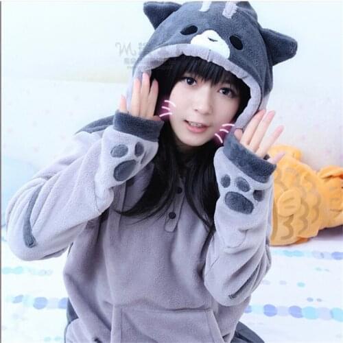 Hot Sale 2018 Kawaii Cosplay Costume Cute Cat Thicken Tops Hoodies Flannel Gray Hooded Sweatershirts Winter Coat Jacket