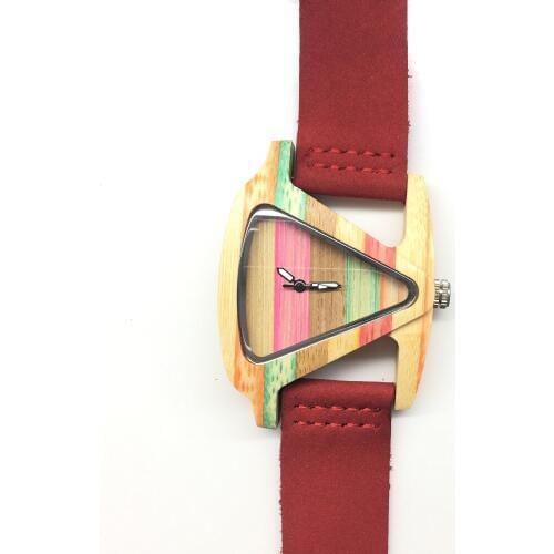 Triangle Bamboo Wooden Watch For Women With Leather For Birthday Gifts In a Paper Box