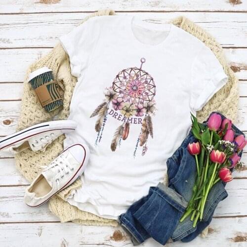 Women Graphic Dream Feather Flower Vintage Print Summer Shirt Tops Lady Clothes T-Shirt Womens Clothing Tee Female T Shirt