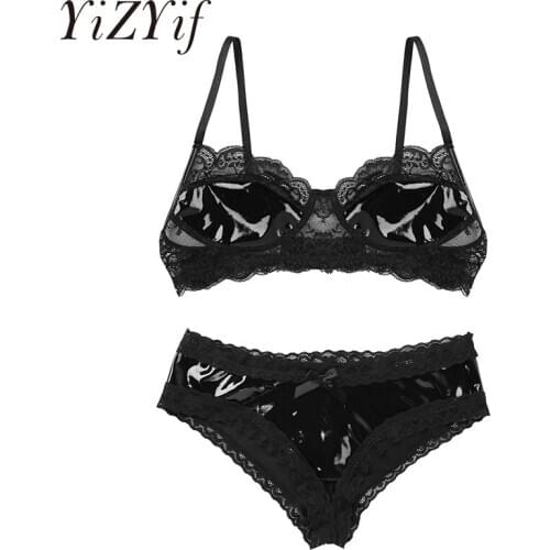 Womens Patent Leather Bra with Panties Lace Sexy Lingerie Set Wire-free Unlined Bra with Open Crotch V-Back Mini Underwear