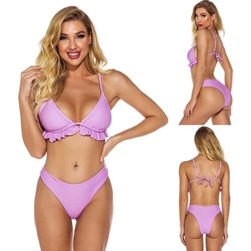 Womens Solid Color Ruffled Split Swimsuit Sexy Open Back Bikini Pink