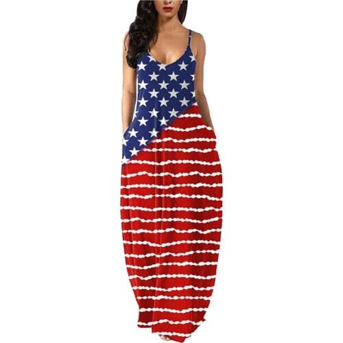 Womens Long Dress Fashion V-Neck Independence Day Festival Printed American Patriotic Day Casual Summer Clothes Sleeveless