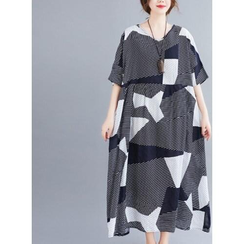 Uego Plus Size 5XL 6XL Loose Summer Dress Cotton Linen Print Floral Vintage Dress SHort Sleeve Women Holiday Beach Casual Dress