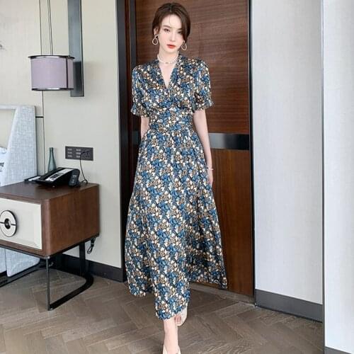 Fashion Summer Korean Vintage Short Sleeve Satin Midi Party Dress Ladies Elegant Casual V-Neck Print Beach Vacation Wrap Dress