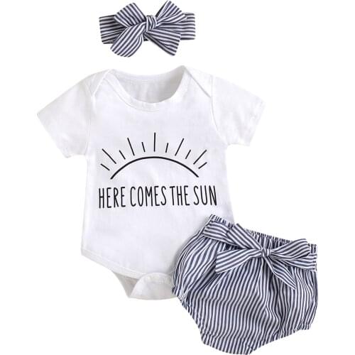 2021-05-06 Lioraitiin 0-18M Infant Baby Girl’s Clothes Fresh Letter Short Sleeve Romper and Stripe Short Pants with Headband