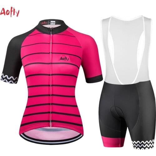 2021Womens Pink Short Sleeve Cycling Jersey Bib Sets Aofly MTB Bike Clothing Ropa Ciclismo Go Pro Team Uniform Maillot Mujer