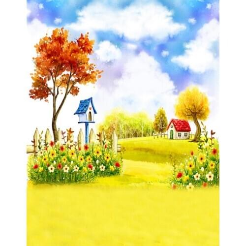 5x7ft House Flowers Tree Lawn Painting Photography Backdrops Photo Props Studio Background