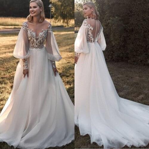 White Wedding Dress Lace A-Line Long Lantern Sleeve O Neck Bridal Gowns Illusion Button Appliques Bride Dresses Свадебное Платье