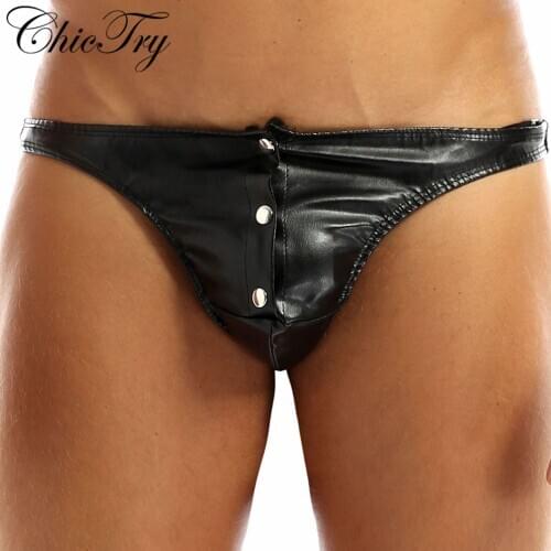 ChicTry Male Mens Lingerie Jockstraps Briefs with Press Buttons PU Leather Underwear Underpants Sissy Sexy Gay Male Panties