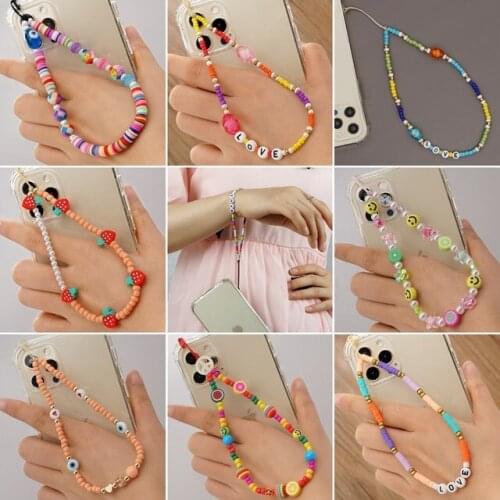 Colorful Soft Pottery Cellphone Strap Acrylic Bead Smile Mobile Phone Chain Anti-lost Lanyard For Women Girls Party Gift