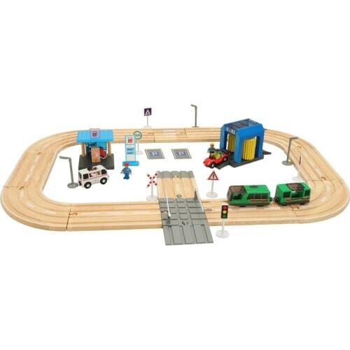 Childrens electric train track set building blocks track magnetic car toy boy track toys gas station car wash room scene