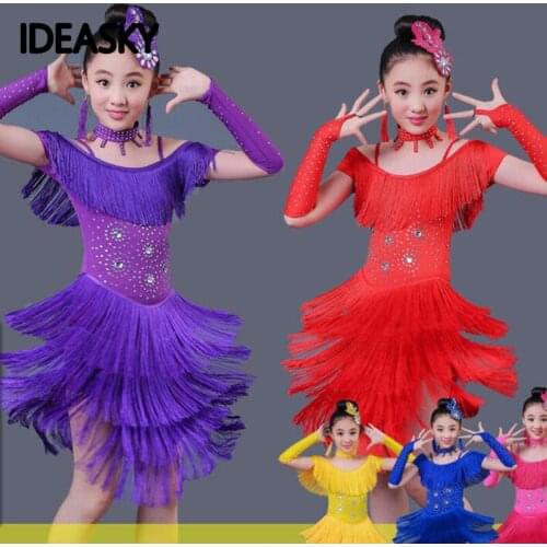 Latin dance dress children girls tassel samba competition ballroom fringe long sleeves kids tango salsa dancewear practice wear