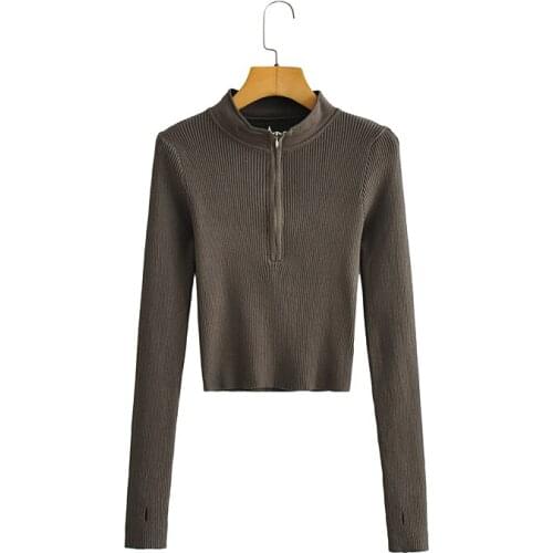 MESTTRAF Women 2021 Fashion Short Slim Knit Sweater Retro Long Sleeve Zipper Stand Collar Pullover Streetwear