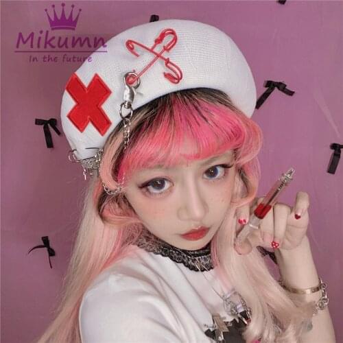Harajuku Cross Chain Cute White Knitted Beret Hats Punk Girls Chic Streetwear