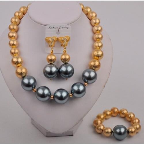 Fashion Dubai Gold Color Pearl Earring&Necklace Bracelet Set for Women New Trend Statement Bridal African Jewelry Set