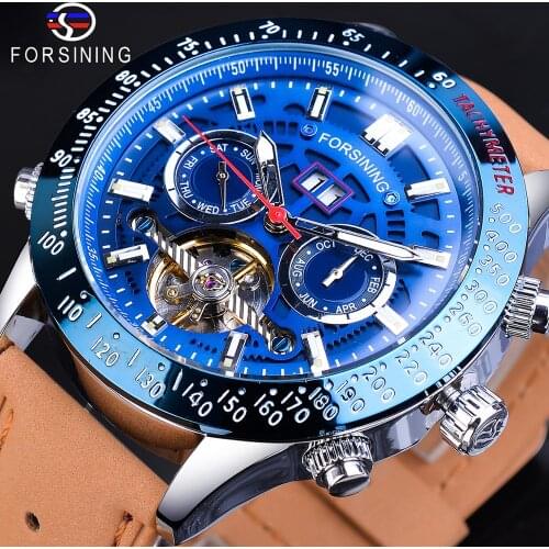 Forsining Blue Fashion Dial Tourbillion Brown Leather Calendar Military Mechanical Mens Watches Automatic Top Brand Luxury Clock