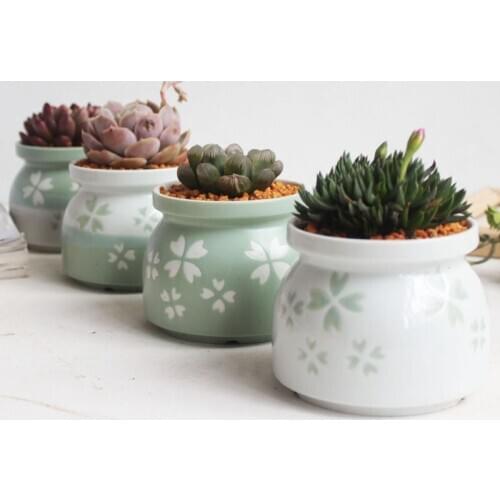 Set of 4 Hand-painted Flower Pot Green Clovers Ceramic Planter Succulent Plant Pots with Drain Hole Home Desktop Centerpiece