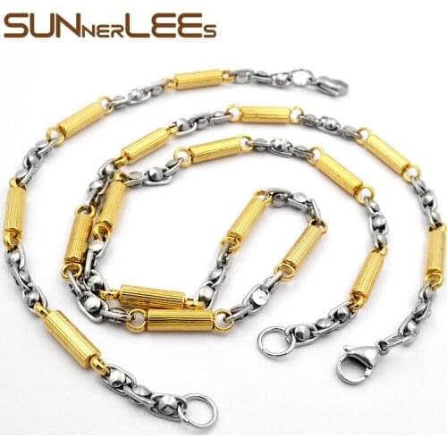 SUNNERLEES Jewelry Stainless Steel Necklace Bracelet Set 5mm Geometric Link Chain Silver Color Gold Plated Men Women SC111 S