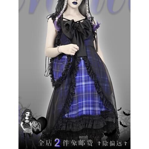 Original Design Gothic Bow Tie Neck Slip Dress Summer Lace Blue Plaided Mid Long Vestido Light Lolita Japanese Dress Autumn