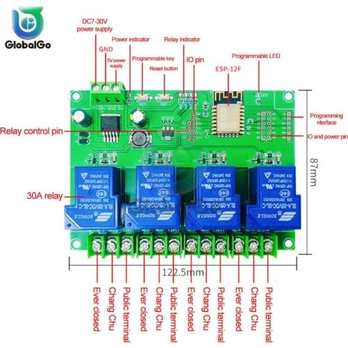 DC 7-28V/5V WiFi Relay Module ESP8266 ESP-12F Development Board 4CH Wireless Switch Relay Module for Smart Home Automation 12V
