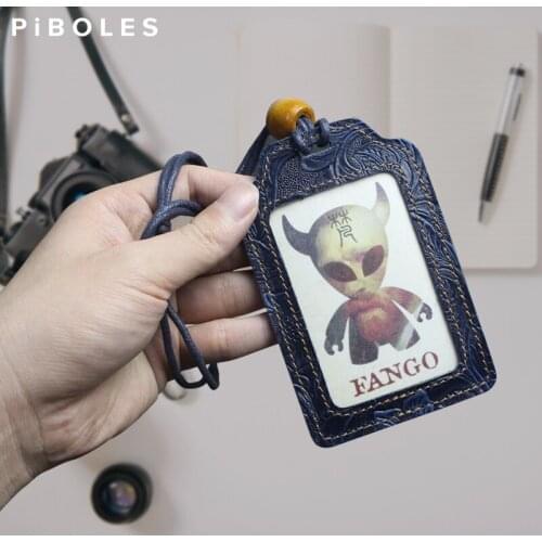 Retro ID Badge Holder Work Office Handmade Genuine Leather Student Identity Bus Card Case Tag Neck Lanyard Cowhide Coin Pocket