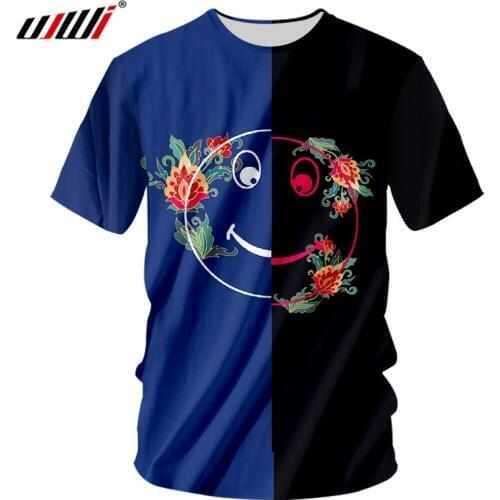 UJWI New Mens 3D Printed Funny O Neck T Shirt Colored Flowers Pattern Bodybuilding Man Smiley Face Harajuku Blue Tshirt