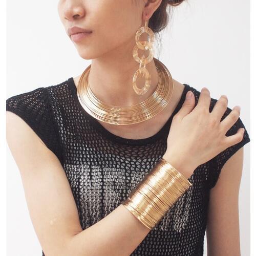 UKMOC Women Punk Alloy Statement Jewelry Sets Multilayer Metal Wire Chokers Necklace Bangle Earring Sets Fashion Accessories