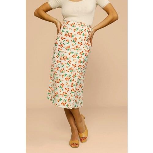 2021 Summer Women Midi Skirt Fresh Cherry Print Ladies 100%Viscose A-Line High Waist Side Lace Up Long Skirts for Holiday