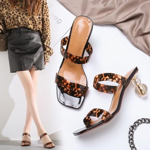2021 Summer PVC Leopard Sandals Fashion Women Heeled Peep Toe 7CM Perspex Heel High Heels Sandals Lady Slingback Shoe Size 43