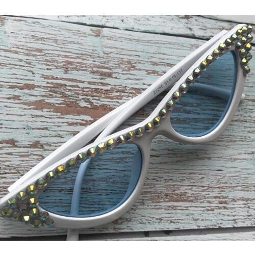 Womens Sunglasses Blue Lens with Diamonds Small Pearl Frame Cat Eyes Womens Sunglasses Retro UV400